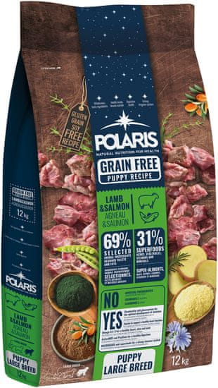 POLARIS bezobilné granule s čerstvým masem Junior Large Breed s jehněčím a lososem 12 kg