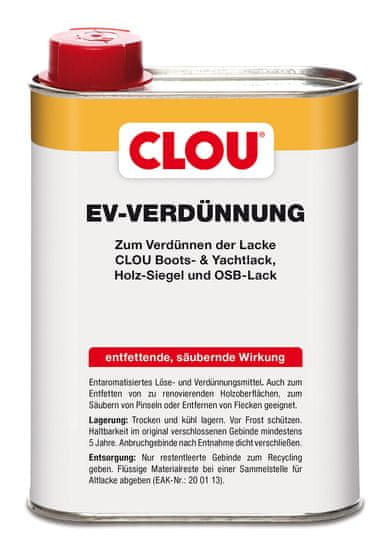 Clou EV-Verdünnung, odaromatizované ředidlo vhodné pro ředění jednosložkových uretanalkydových laků, k odmašťování dřevěných ploch před renovací, odstraňování skvrn, k čištění nářadí také od oleje a vosku.