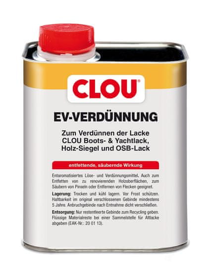 Clou EV-Verdünnung, odaromatizované ředidlo vhodné pro ředění jednosložkových uretanalkydových laků, k odmašťování dřevěných ploch před renovací, odstraňování skvrn, k čištění nářadí také od oleje a vosku.