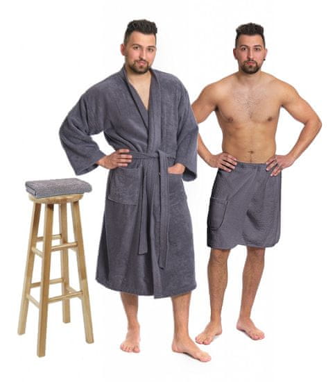 Interkontakt Sada Dark Grey: župan KIMONO + pánský saunový kilt + osuška Velikost županu S