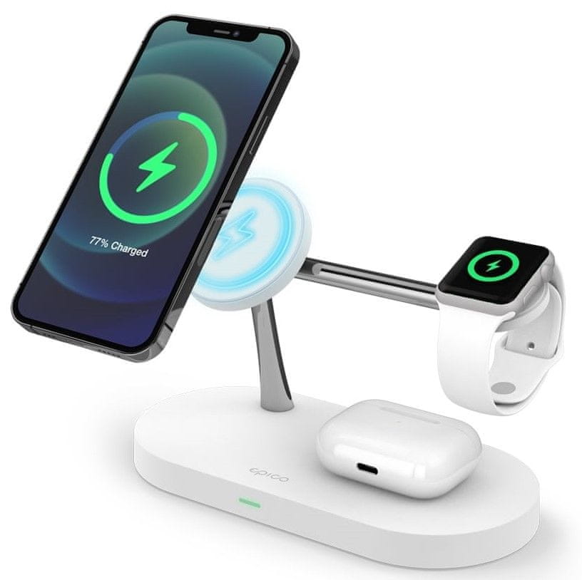 EPICO 3in1 bezdrátová nabíječka s podporou uchycení MagSafe pro iPhone, AirPods a Apple Watch s adaptérem v balení 9915101100120, bílá