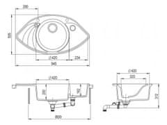 Aquasanita Rohový granitový dřez Papillon 945.10ER Barvy: černá, písková, šedá a bílá. - alba
