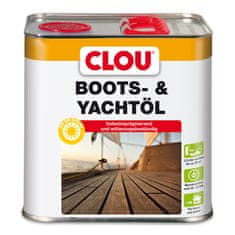 Clou Boots- & Yachtöl, olej na lodě a jachty, je speciální bezbarvý olej extrémně odolný vlivům počasí pro náročné podmínky na moři, chrání dřevo před vysycháním a omezuje vznik prasklin. 2,5 l