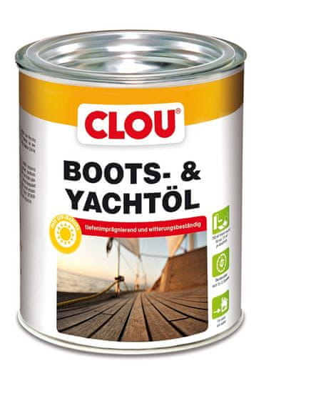 Clou Boots- & Yachtöl, olej na lodě a jachty, je speciální bezbarvý olej extrémně odolný vlivům počasí pro náročné podmínky na moři, chrání dřevo před vysycháním a omezuje vznik prasklin. Různá balení.