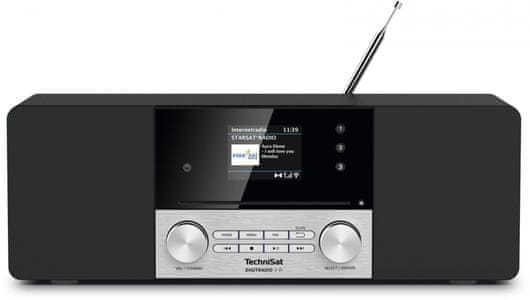 moderní mikrosystém technisat digitradio 3 dab fm tuner automatické vyhledávání stanic podsvícený displej předvolby 30 plus 30 skvělý zvuk bez šumu stereo reproduktory wifi internetové rádio usb nabíjení usb přehrávání cd přehrávač