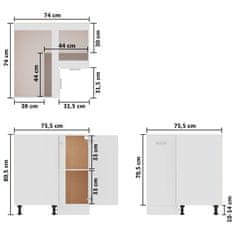 Vidaxl Spodní rohová skříňka bílá s leskem 75,5x75,5x80,5 dřevotříska