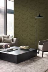 Vliesová zelená/khaki tapeta - ptáci, jeřábi - látková textura 347758, Natural Fabrics, 0,53 x 10,05 m