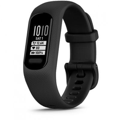 Lehký Fitness náramek Garmin vivosmart 5, Black, multisport, GPS fitness režimy, monitorování spánku, spánkové fáze, stres, antistresová dechová cvičení vodotěsný, výdrž 5 dní 5ATM vodotěsný měření okysličení krve SpO2 automatické sportovní režimy dechová cvičení monitoring spánku sportovní režimy měření srdečního tepu úrovně stresu elegantní design tenký pásek OLED displej kvalitní displej kvalitní fitness náramek dechová cvičení Garmin Connect body battery dlouhá výdrž ženské funkce detekce nehody