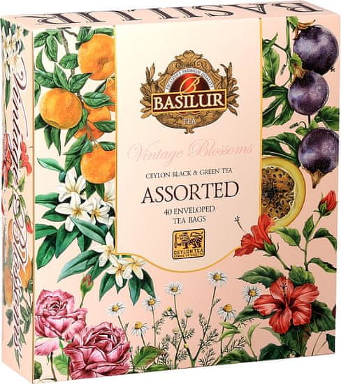 Basilur Čajová kazeta - jasmín, heřmánek, kurkuma, růže. 40 porcí. BASILUR Vintage Blossoms Assorted