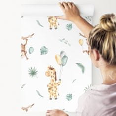 Muralo Tapeta Dětská Akvarelové OPIČKY Žirafy Rostliny 0,53m x 10m