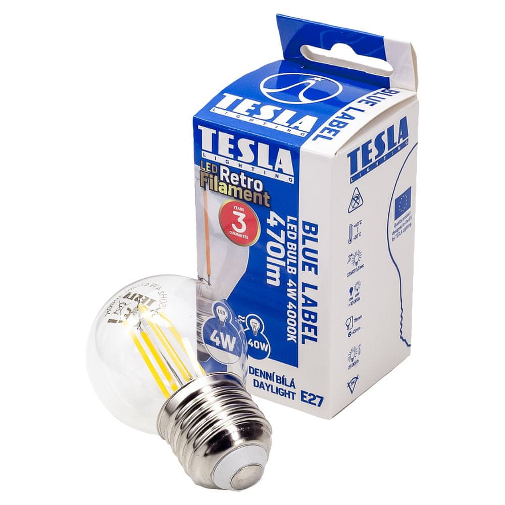 Tesla Lighting LED žárovka FILAMENT RETRO miniglobe, E27, 4W, 230V, 470lm, 25 000h, 4000K denní bílá, 360st