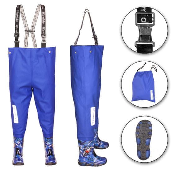 3Kamido Dětské brodící kalhoty modré motorky - nastavitelný pás, odolný postroj, spona FixLock Nexus, ochranný oblek, prsačky, kalhotoboty, rybářské kalhoty pro děti, brodící kalhoty pro teenagery 20 - 35 EU