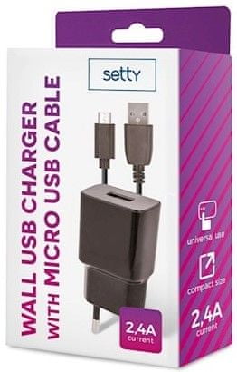 setty. Nabíječka do sítě 2,4A s microUSB kabelem 1m GSM108851, černá