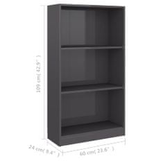 Greatstore 3patrová knihovna šedá vysoký lesk 60 x 24 x 108 cm dřevotříska