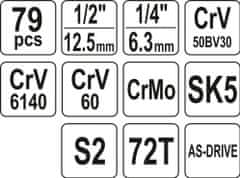 YATO Gola sada 1/2', 1/4'' + příslušenství 79 ks