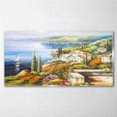 COLORAY.CZ Obraz na skle Pobřežní vesnice lodě květiny 120x60 cm