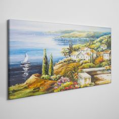 COLORAY.CZ Obraz na plátně Pobřežní vesnice lodě květiny 120x60 cm