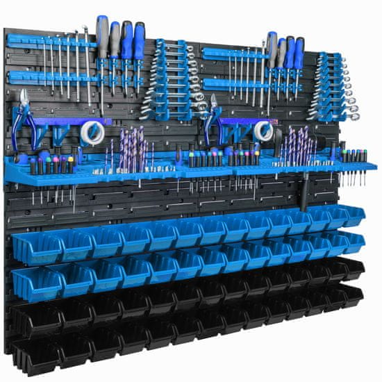botle Závěsný panel na nářadí 115x78cm s 56 ks. Krabic Nástěnný Modré Boxy se sadou držáků plastová