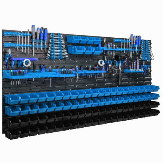 botle Závěsný panel na nářadí 173x78cm s 95 ks. Krabic Nástěnný Modré Boxy se sadou držáků plastová
