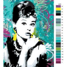 Malujsi Malování podle čísel - Audrey Hepburn v barevném pozadím - 80x120 cm, bez dřevěného rámu