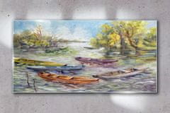 COLORAY.CZ Obraz na skle Lake lodě stromy obloha 120x60 cm