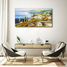 COLORAY.CZ Obraz na plátně Pobřežní vesnice lodě květiny 120x60 cm