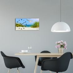 Wallmuralia Skleněné hodiny na stěnu tiché Racek na pláži černé 60x30 cm