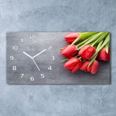 Wallmuralia Skleněné hodiny na stěnu Červené tulipány bílé 60x30 cm