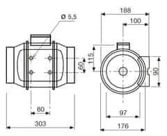 Soler&Palau TD 250/100 T KIT – ventilační set pro kruhová potrubí. V setu: potrubní ventilátor (krytí IP44, časovač, průtok 250 m³/h), Al hadice, odtahový ventil a fasádní mřížka (bílý plast), izolační páska