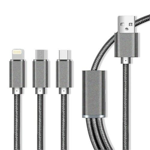 maXlife Nylonový kabel 3v1 Micro USB / Type-C / for iPhone 8-PIN Fast Charge 2.1A, šedý