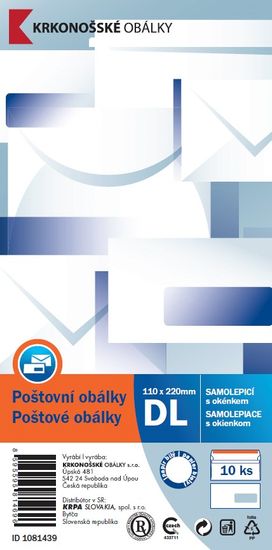 KRKONOŠSKÉ OBÁLKY Obálka DL samolepicí s okénkem, 10 ks, 110 x 220