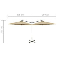 Greatstore Dvojitý slunečník s ocelovou tyčí taupe 600 cm