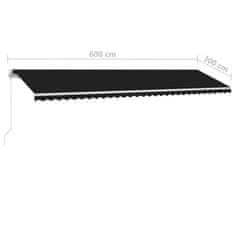 Greatstore Ručně zatahovací markýza s LED světlem 600 x 300 cm antracitová