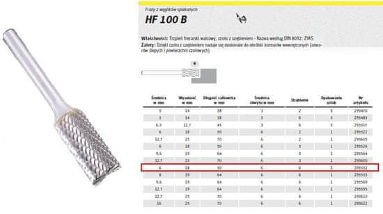 KLINGSPOR Fréza na kov Hf 100 B Fi=6.0X18Mm Stopka 6Mm Typ Zyas, válcová