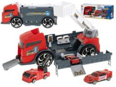 Ikonka Transportér TIR 2v1 parkovací garáž hasiči + 3 auta červená