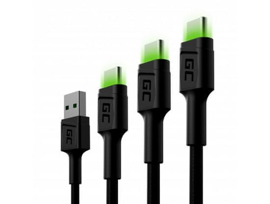 Green Cell KABGCSET01 sada 3 rychlodobíjecích kabelů Ray USB-C 30/120 / 200cm zelená LED