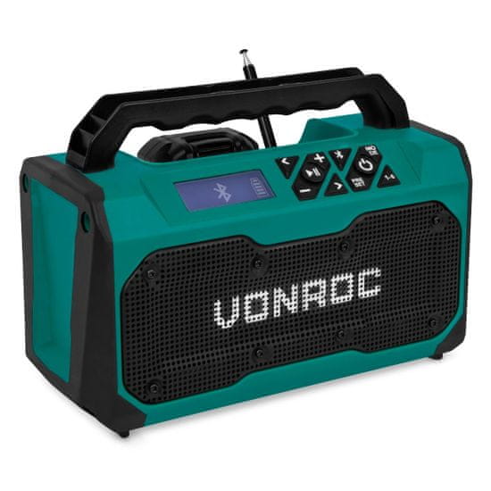 VONROC VONROC Rádio pro pracoviště 20V - 2,0Ah - FM, bluetooth a USB | Včetně baterie a rychlonabíječky