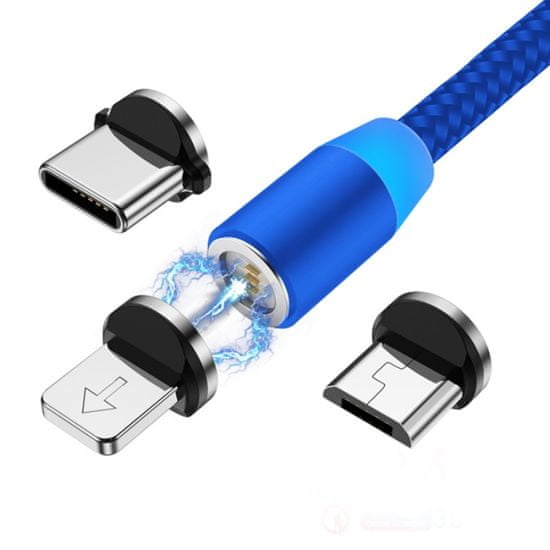 W-STAR W-star magnetický USB kabel 3v1, USBC, micro USB, lightning, 5A, Led, modrá 1m, MG3BL1