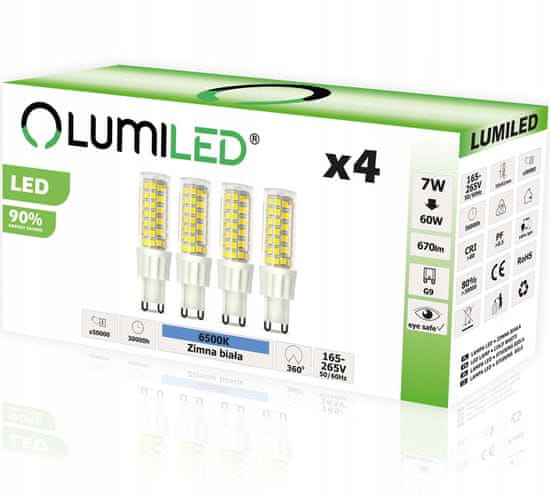 LUMILED 4x LED žárovka G9 CAPSULE 7W = 60W 670lm 6500K Studená bílá 360°