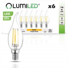 LUMILED 6x LED žárovka E14 7W = 60W 3000K Svíčka FILAMENT