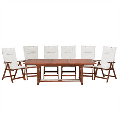 Beliani Zahradní souprava, dřevěný stůl a 6 židlí s bílými polštáři TOSCANA