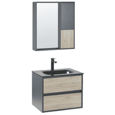 Beliani Sada koupelnového nábytku se zrcadlovou skříňkou 60 cm světlé dřevo / šedá TERUEL