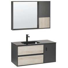 Beliani Sada koupelnového nábytku se zrcadlovou skříňkou 100 cm světlé dřevo / černá TERUEL