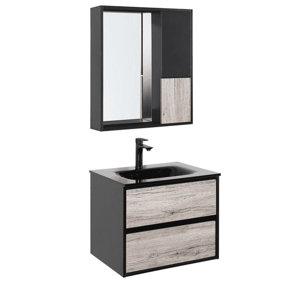 Beliani Sada koupelnového nábytku se zrcadlovou skříňkou 60 cm světlé dřevo / černá TERUEL