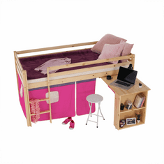 KONDELA Postel s PC stolem, borovicové dřevo / růžová, 90x200 cm, ALZENA