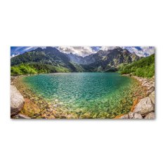 Wallmuralia Foto obraz fotografie na skle Jezero v horách 125x50 cm 2 úchytky