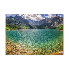 Wallmuralia Foto obraz fotografie na skle Jezero v horách 100x70 cm 4 úchytky