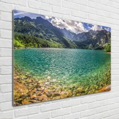 Wallmuralia Foto obraz fotografie na skle Jezero v horách 100x70 cm 4 úchytky