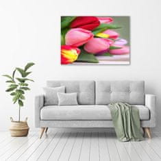 Wallmuralia Foto obraz fotografie na skle Barevné tulipány 100x70 cm 2 úchytky