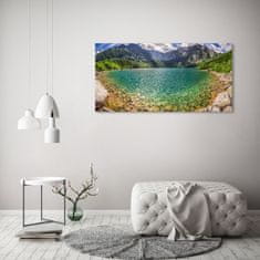 Wallmuralia Foto obraz fotografie na skle Jezero v horách 125x50 cm 2 úchytky